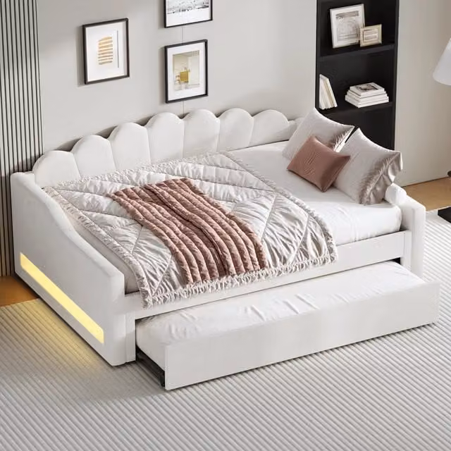 Letto divano matrimoniale OKWISH in tessuto beige con illuminazione LED sottostante e contenitore, L/P/H: 140 x 200 x 76 cm