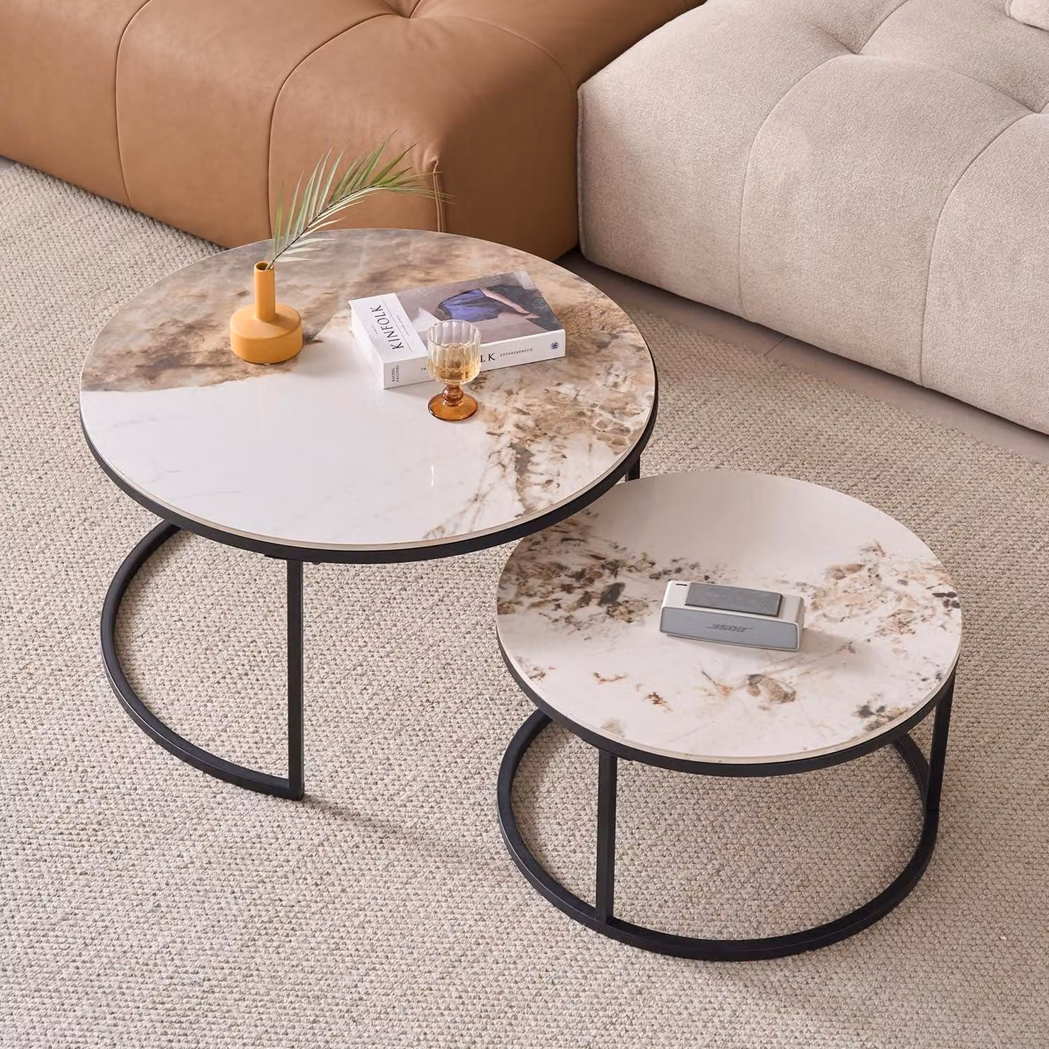 Set di tavolini da caffè, forma rotonda, in sinterizzato, colori: nero, bianco, grigio, dimensioni: 80x60x45 cm