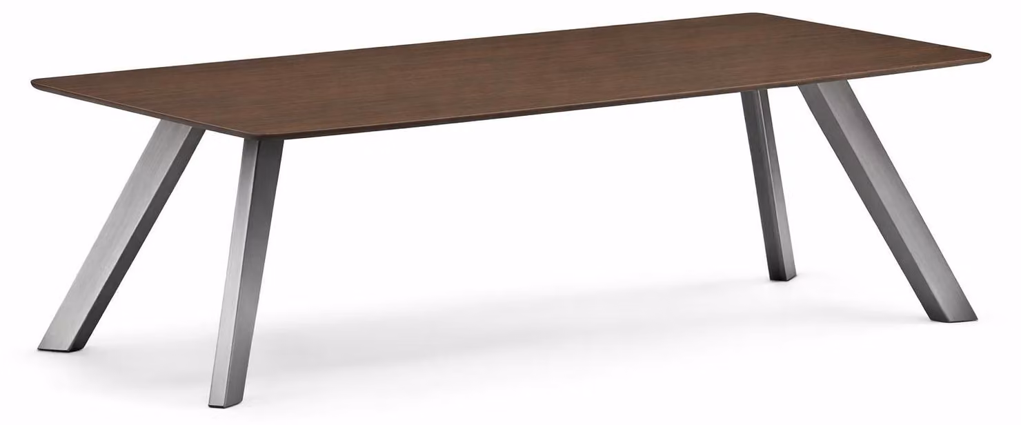 Tavolo moderno con gambe in acciaio inossidabile e piano in legno per uffici eleganti