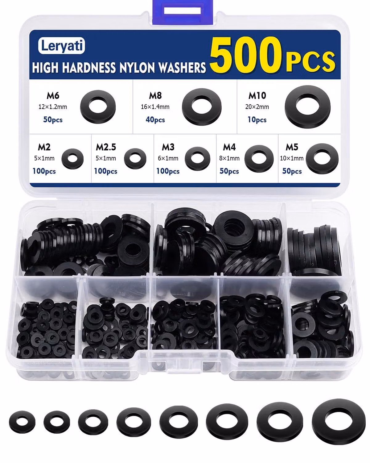 Set di 500 rondelle - Anelli in plastica e distanziatori in nylon in 8 misure, assortimento nero M2/M2.5/M3/M4/M5/M6/M8/M10
