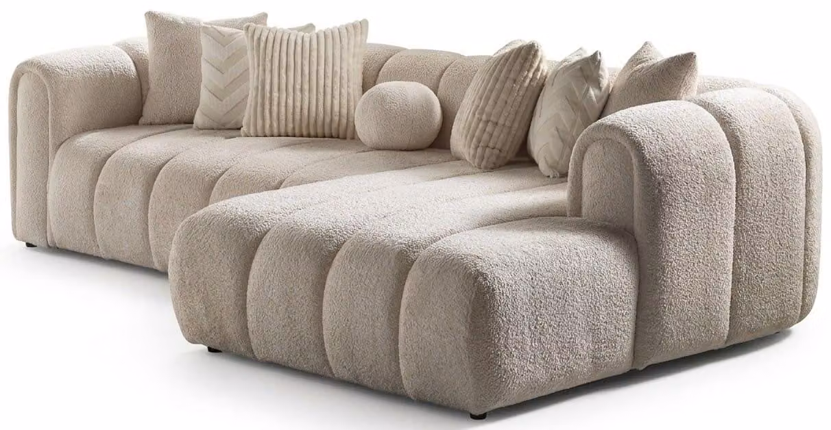 Divano ad angolo a forma di "L", beige, rivestito in tessuto, moderno, ideale per il soggiorno, confortevole