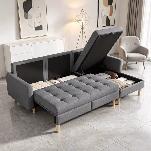 Divano angolare 3 posti con contenitore chaise longue ¨C Minimal ¨C grigio tessuto 212x130x86cm
