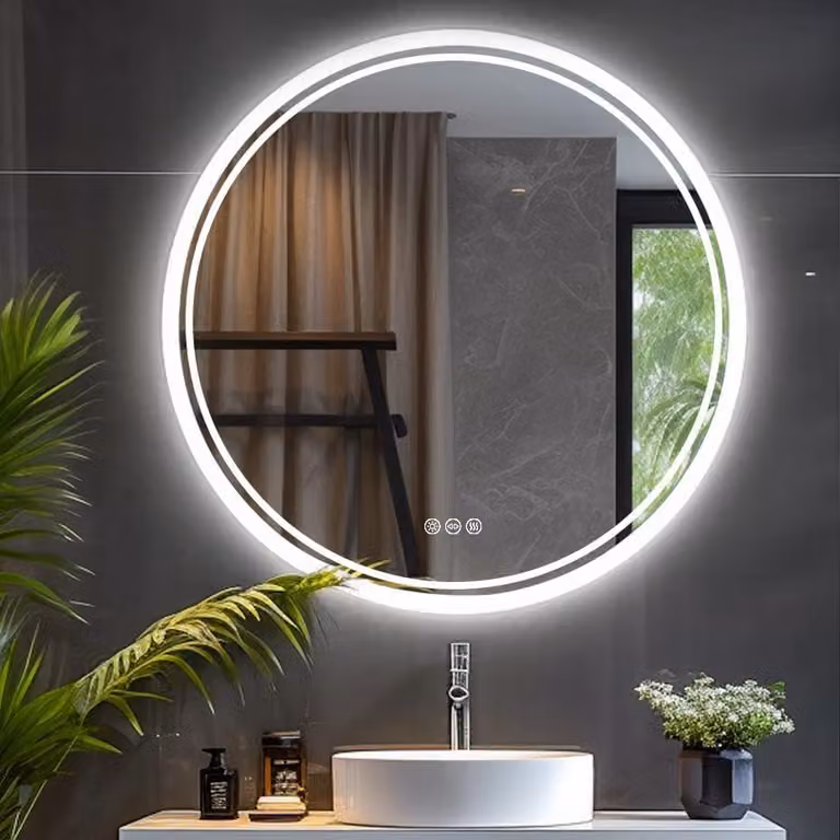 Specchio da bagno a LED, forma rotonda, diametro 80 cm, con funzione di regolazione dell'intensità luminosa, 3 tonalità di luce e sistema antiappannamento
