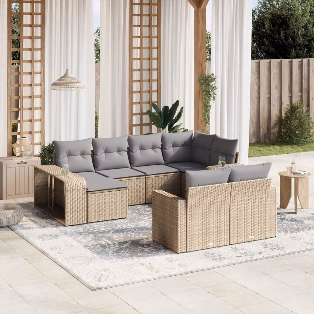 vidaXL Set Divano da Giardino 10 pz in Polyrattan con Cuscini Beige e Struttura in Metallo – 1