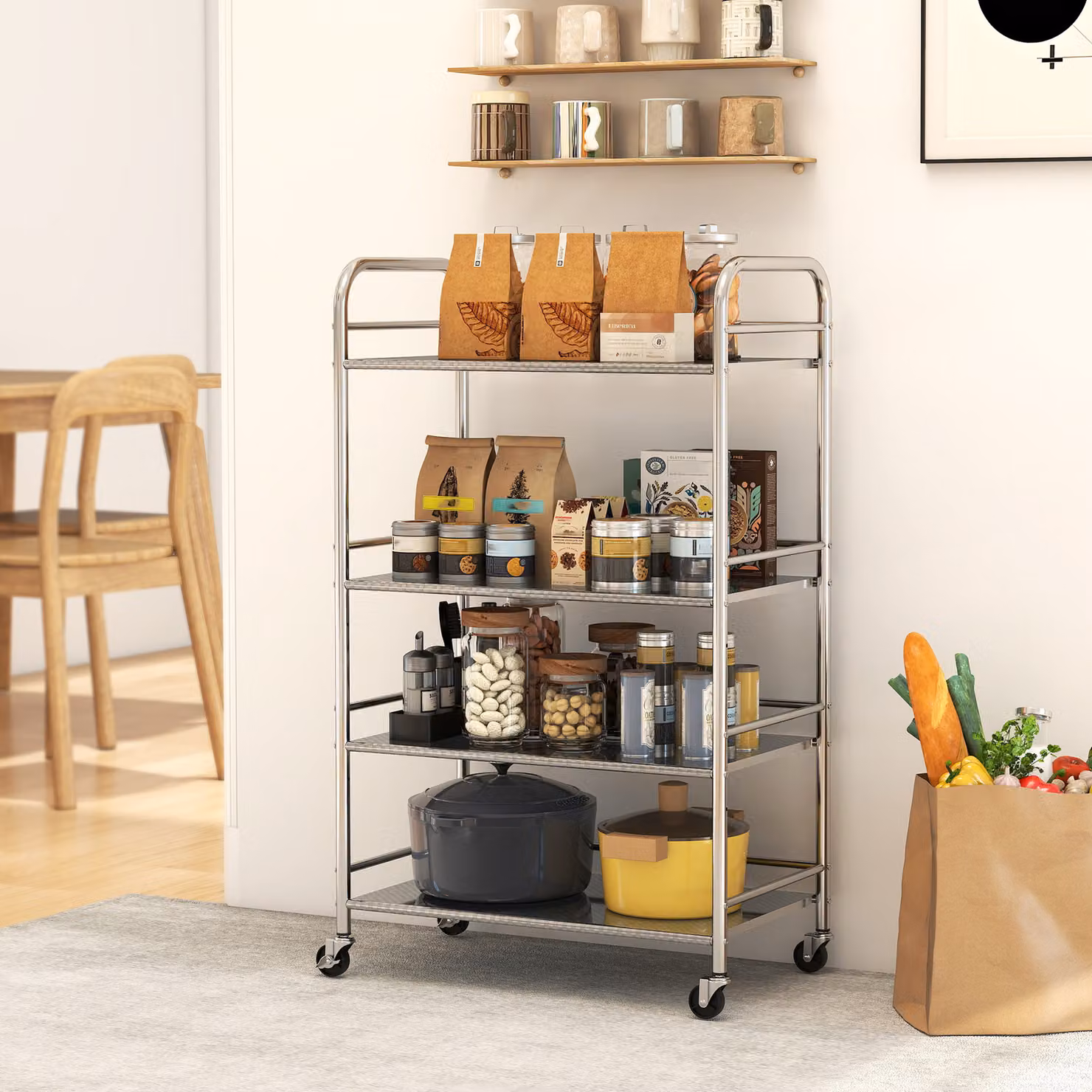 Carrello Multiuso HOMCOM a 4 Livelli con Ripiani Regolabili e Bordi Rialzati in Acciaio Inox Argento L/P/H: 60 x 35 x 100 cm – 2
