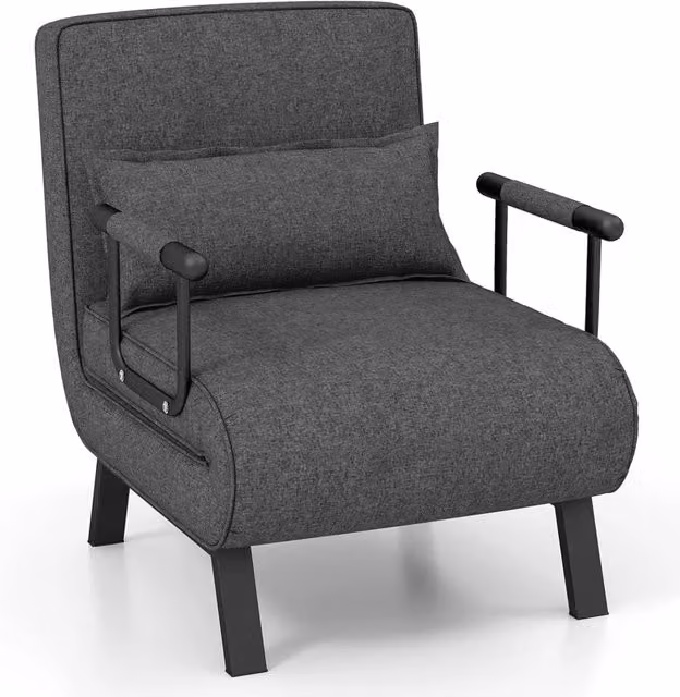 Poltrona Letto Singolo 4 in 1 Costway, Poltroncina Pieghevole con Schienale Regolabile in 6 Posizioni e Braccioli, Divano Imbottito in Tessuto Grigio Scuro, L/P/H: 79 x 65 x 79 cm