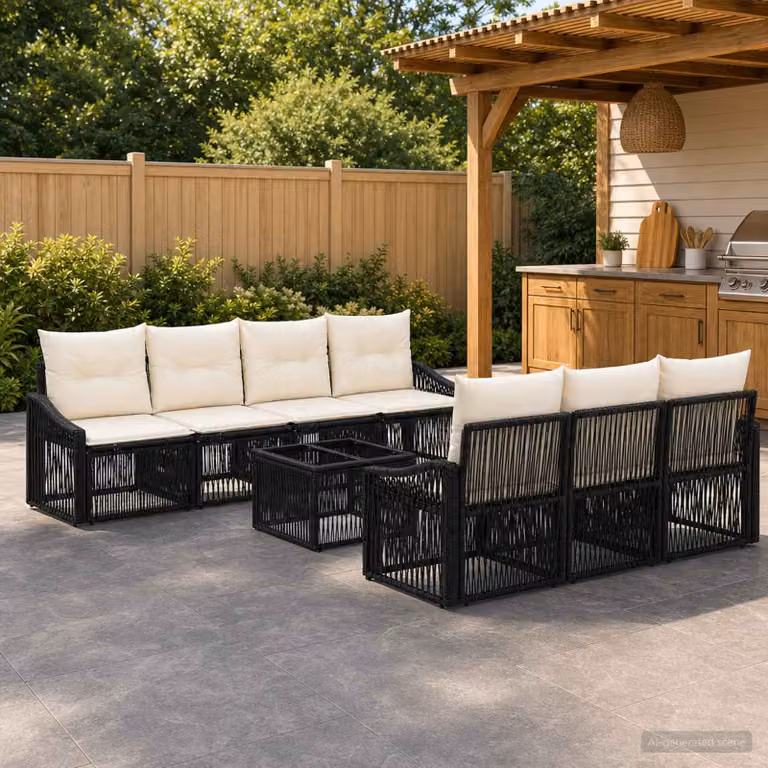 Set Divano da Giardino vidaXL 8 pz in Polyrattan Nero con Tavolino e Cuscini