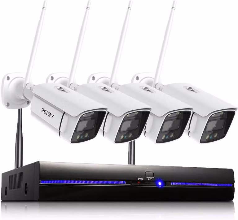 Sistema di videosorveglianza esterno Wi-Fi da 3MP con faretti, sistema di telecamere CCTV wireless per esterni, kit di videosorveglianza con 8 canali NVR e 4 telecamere da 1296P, con audio bidirezionale