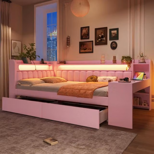 Divano letto 140x200 rosa imbottito con scrivania, luci LED, porte USB e cassetti