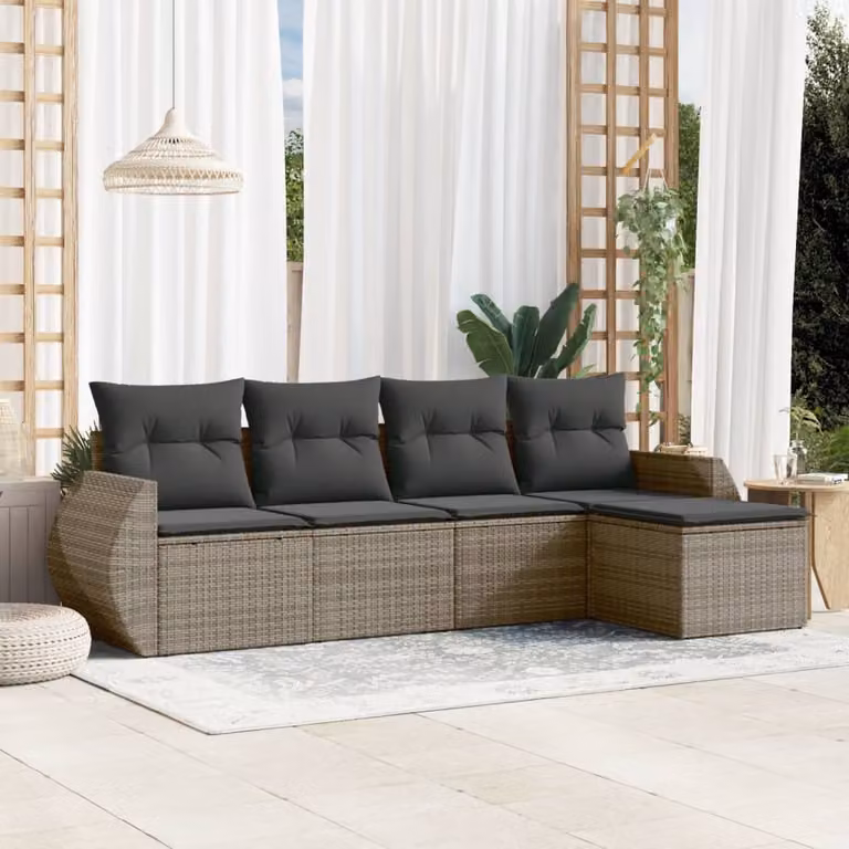 vidaXL Set Divano da Giardino a L 5 pz con Cuscini Grigio in Polyrattan e Struttura in Acciaio