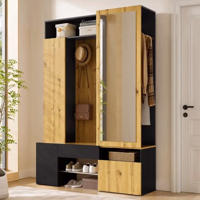 Armadio ingresso con specchio, scarpiera e zona appendiabiti, con ripiani e ganci, per ingresso, in MDF nero e naturale, 127 × 35 × 180.5 cm