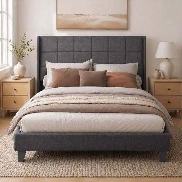 Letto matrimoniale imbottito con testiera, rete a doghe e materasso a molle 140x200 cm grigio lino