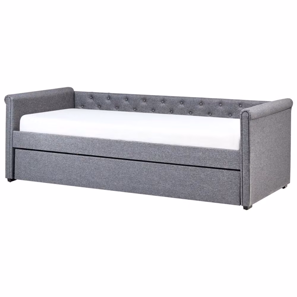 Divano letto estraibile Beliani in tessuto grigio con struttura in legno e cassetti, misura singola 90 x 200 cm – 2
