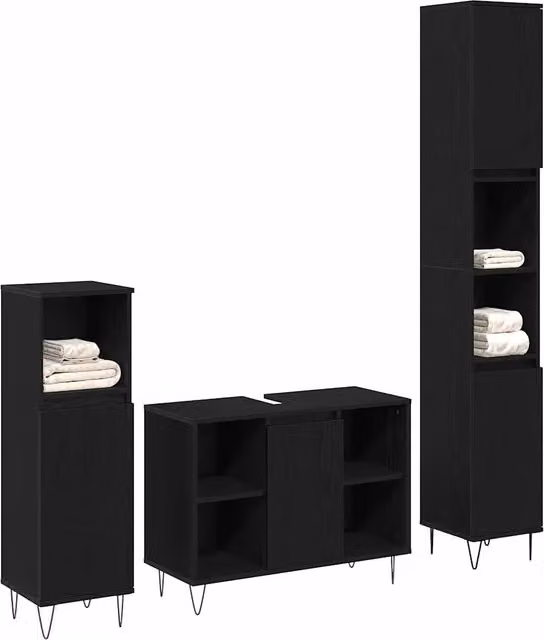Set di mobili per il Bagno | Armadio da bagno 3 pz Rovere Nero Legno multistrato