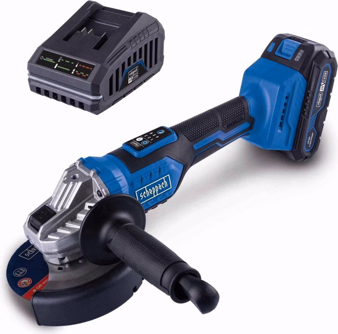 Smerigliatrice angolare a batteria SCHEPPACH BC-AG125-X, Starterkit 2Ah, SET S, senza fili, design ergonomico