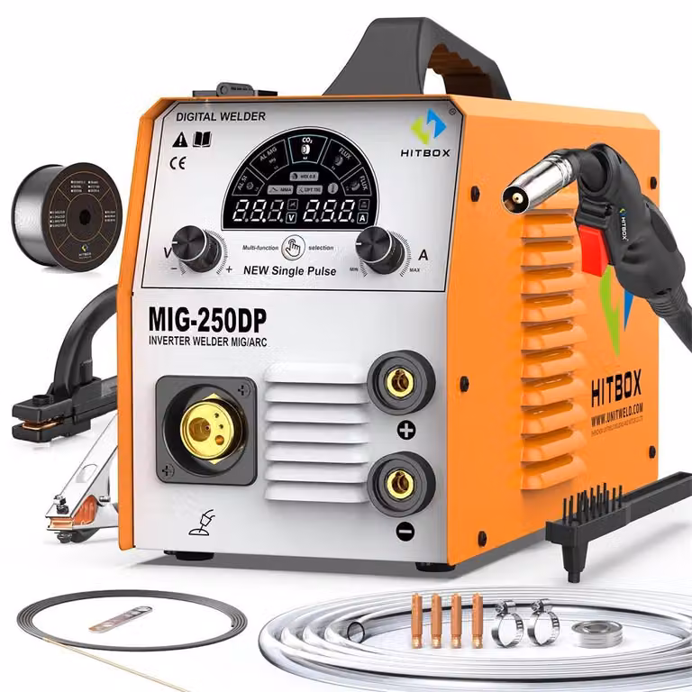 Saldatrice multifunzione per alluminio, MIG, MAG, MMA, TIG - MIG250DP 5-in-1, inverter - 220–240V, spina EU - Funzione pulsata - Alimentazione automatica del filo da 0,8–1,0 mm - Display LED