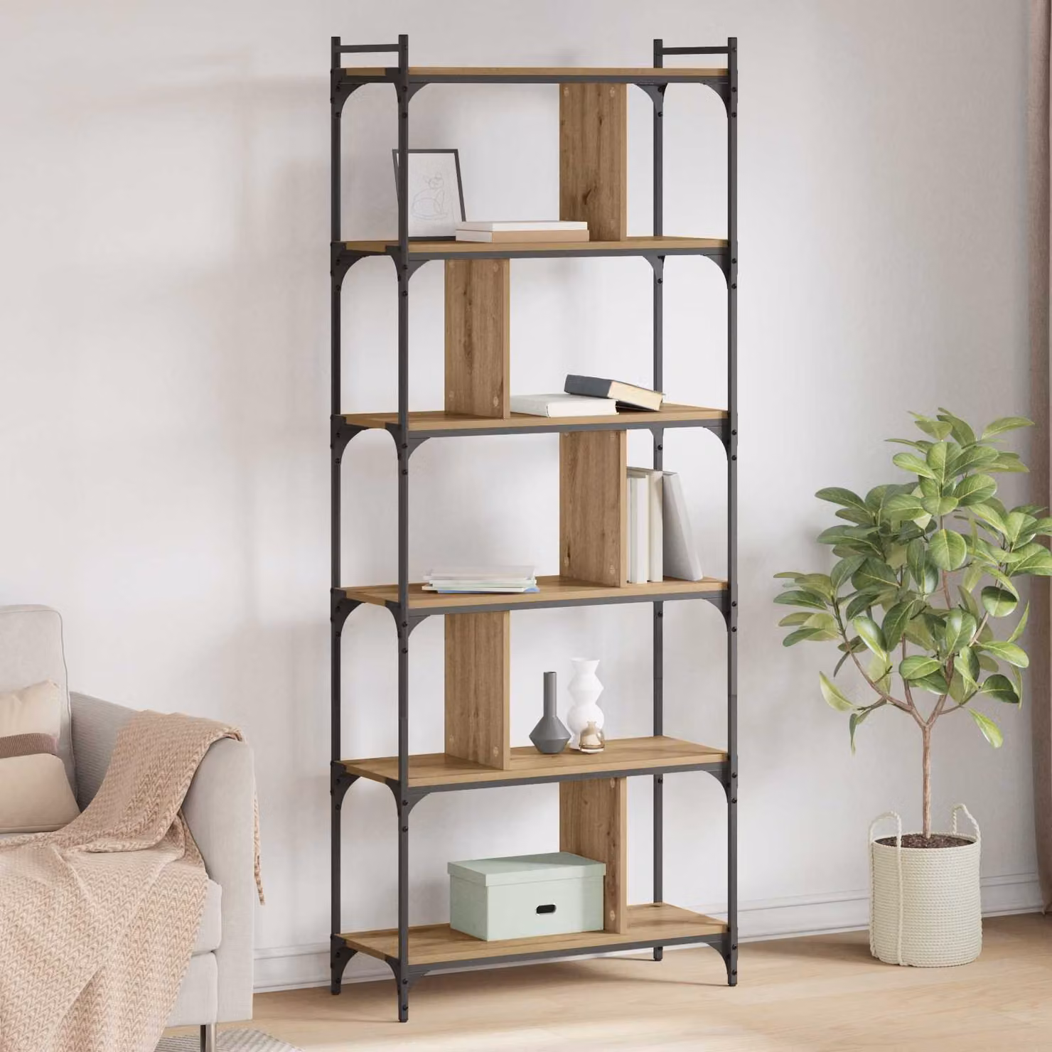 Libreria moderna vidaXL a 5 livelli in legno e metallo, colore marrone, L 76 cm x P 32 cm x H 192 cm