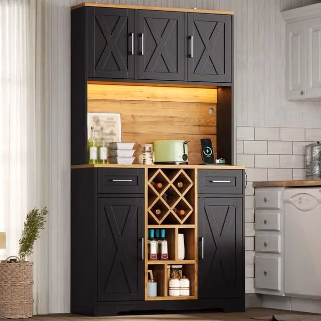 Armadio da cucina con illuminazione LED, cantina vini e vetrina, 180x105x40 cm