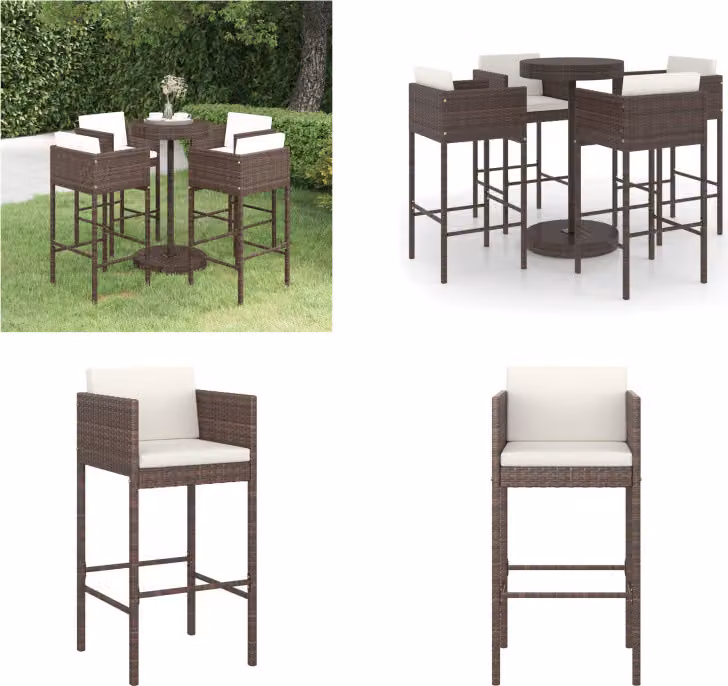 vidaXL Set bar da giardino 5 pezzi con cuscini in poly rattan marrone - Set bar da giardino - Set bar da giardino - Set da pranzo da giardino - Set da pranzo da giardino