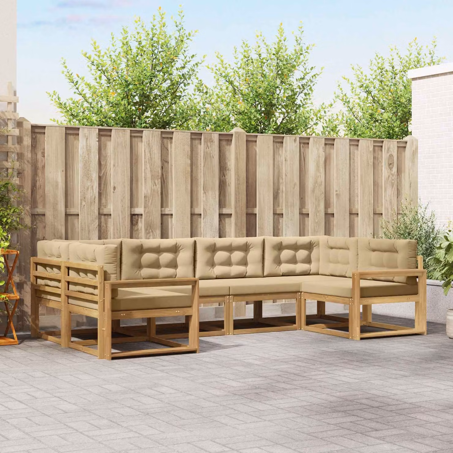 vidaXL Set di divani da esterno a L in legno di acacia con cuscini, 6 pezzi, Bianco e Beige
