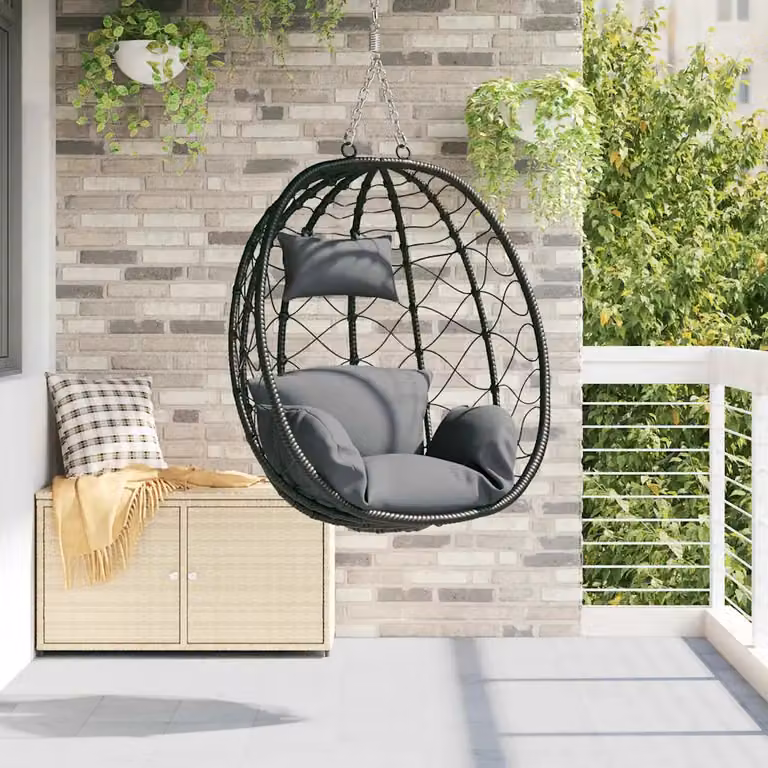 Sedia uovo sospesa moderna vidaXL in polyrattan con cuscini, colore Antracite, L/P/H: 54.5 x 91 x 107 cm