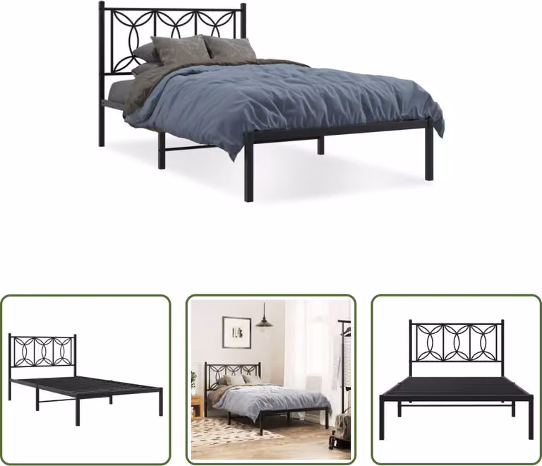 The Living Store Struttura letto con testiera in metallo nero 107x203 cm