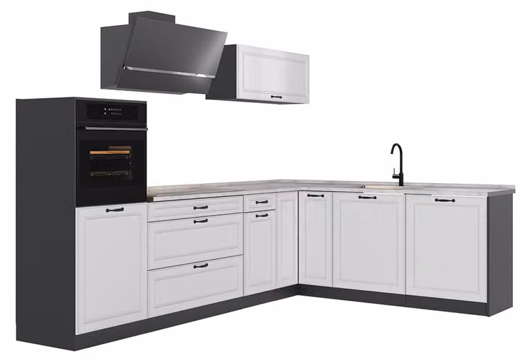 Cucina angolare completa Vicco R-Line Bianco country/Antracite 287 x cm piano di lavoro Marmo, Model 68204