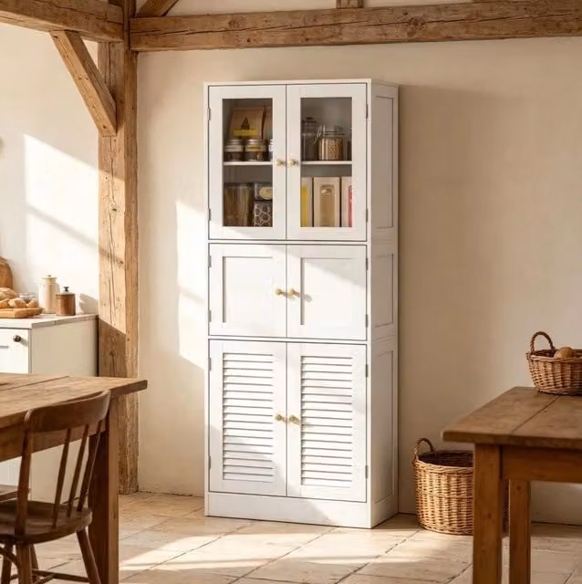 Mobile da bagno alto bianco con 6 ante, 2 in vetro e 2 in MDF, 60x30x170 cm
