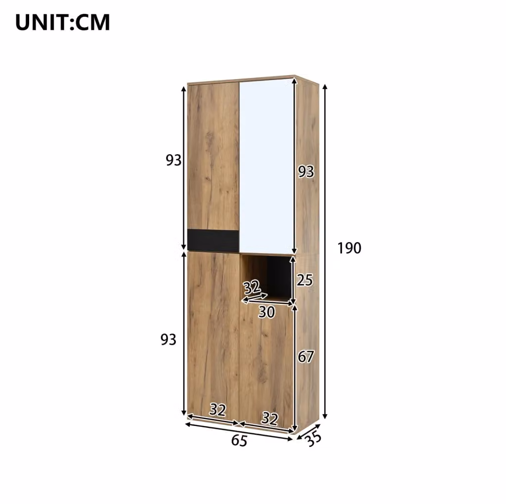 Mobile alto moderno con specchio, 4 ante e vano a giorno, nero e marrone, H: 190 cm, L: 65 cm, P: 35 cm – 2