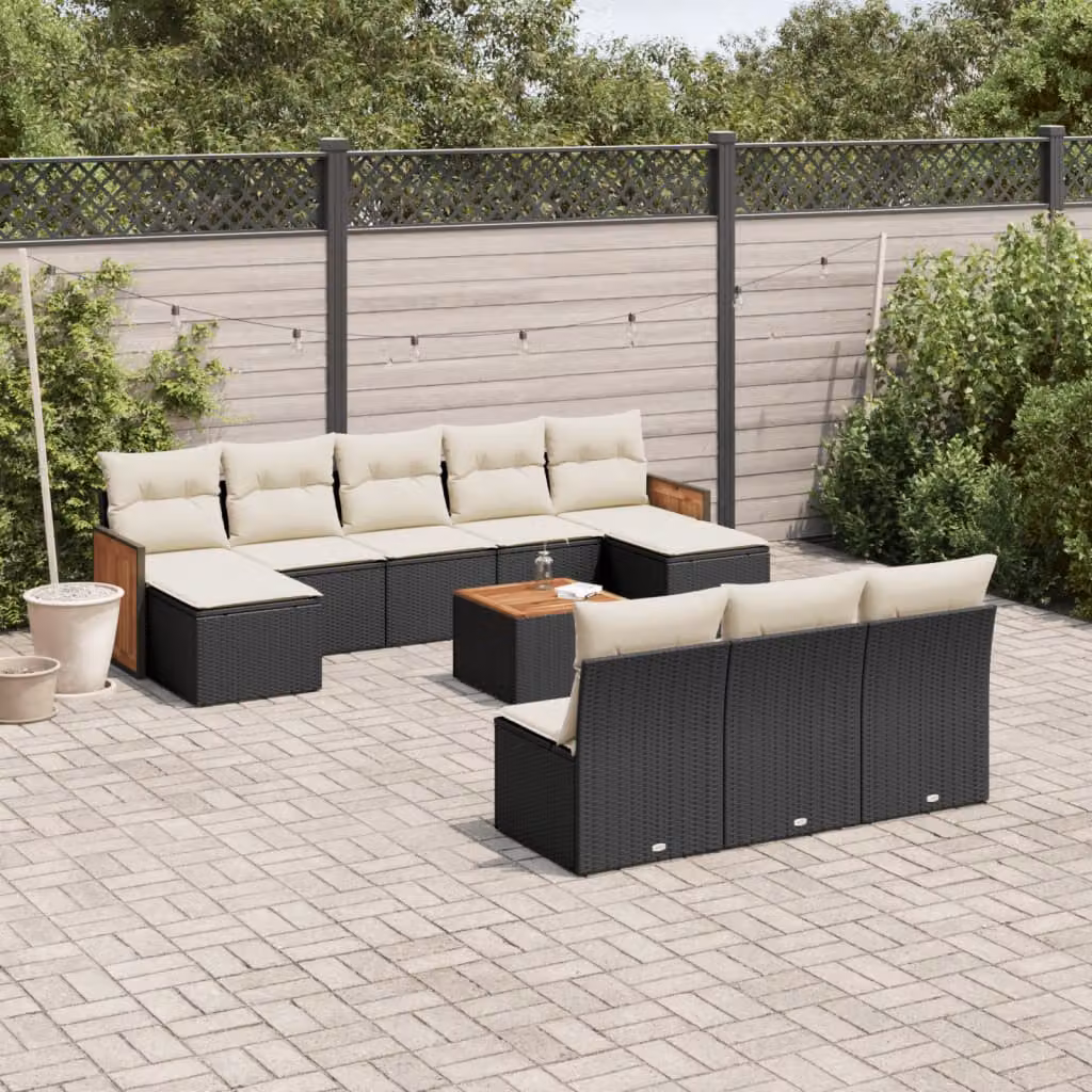 vidaXL Set Divani da Giardino 11 pz in Polyrattan Nero con Cuscini e Tavolino da Esterno – 1