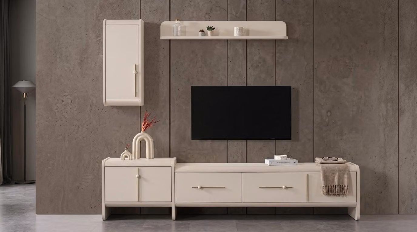 Mobile TV a parete, pensile, scaffale, stile moderno, bianco, spazioso, pratico