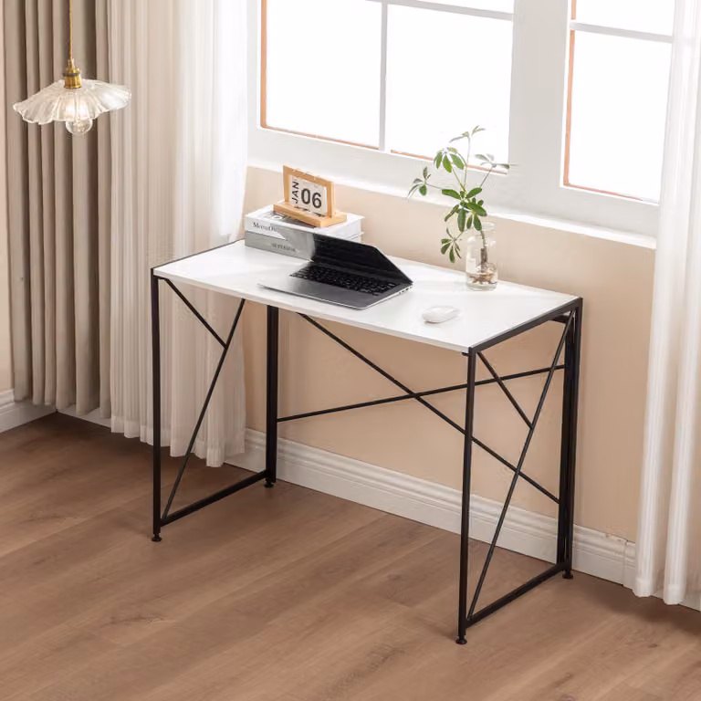 Scrivania okwish con gambe in metallo, design semplice, scrivania per computer 99x50x75 cm, salvaspazio, ideale per piccoli appartamenti, colore bianco