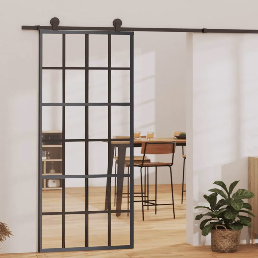 Porta Scorrevole vidaXL in Vetro Trasparente e Alluminio, Colore Nero, L 90 cm x H 205 cm