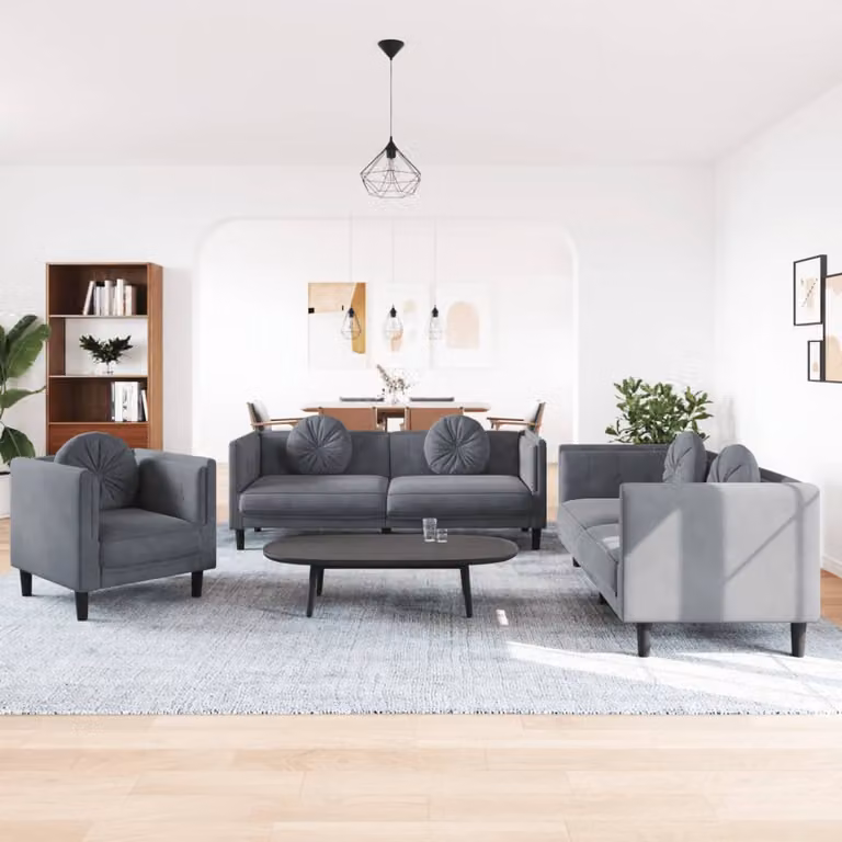 Set di divani 3 pezzi vidaXL in velluto grigio con cuscini e struttura in legno massiccio per soggiorno