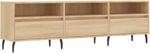 Mobile TV moderno in legno multistrato color rovere sonoma con dettagli in metallo, L 150 cm x P 30 cm x H 44,5 cm