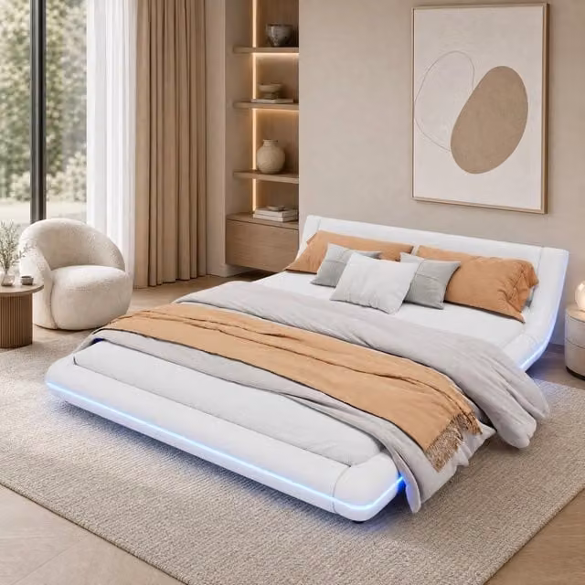 Letto a pavimento 160x200 cm bianco in PU con illuminazione LED a colori, senza materasso