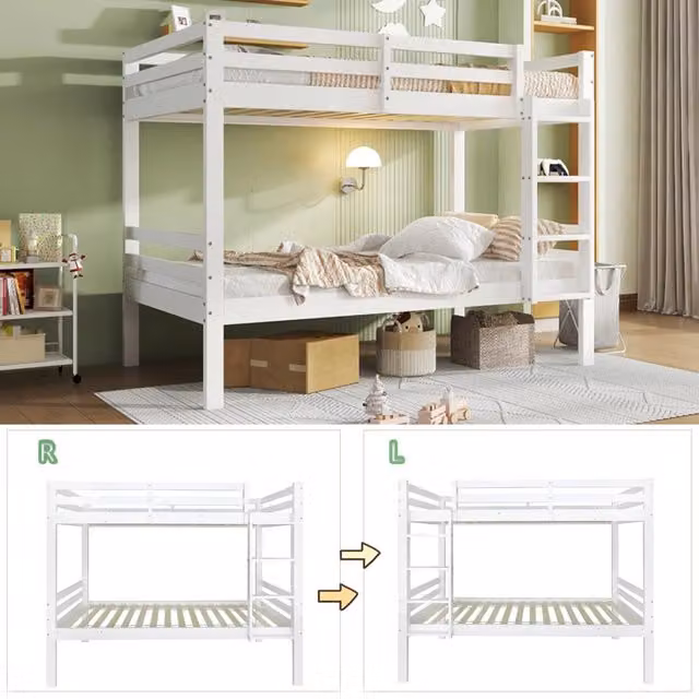 Letto a castello per bambini 90x200 cm; divisibile in 2 letti singoli; struttura in pino bianco con scala a 3 gradini