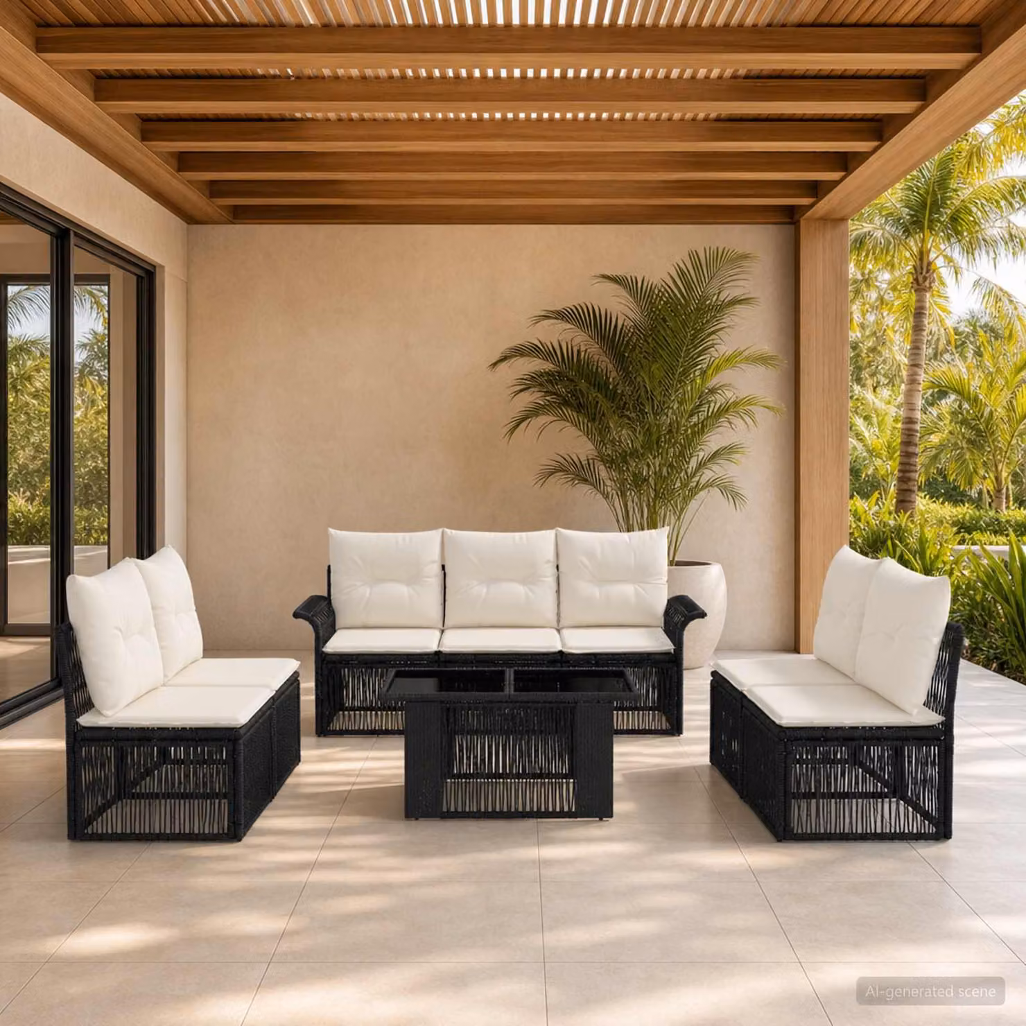 Set Divano da Giardino vidaXL 8 pz in Polyrattan Nero e Bianco Crema con Cuscini e Tavolino da Esterno