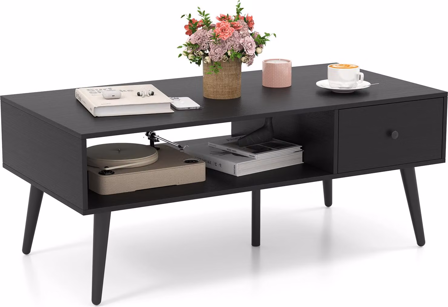 Tavolino da salotto, tavolino da divano con 1 cassetto e 1 vano aperto, mobile TV basso con 4 gambe in pino, 109 x 55 x 44,5 cm