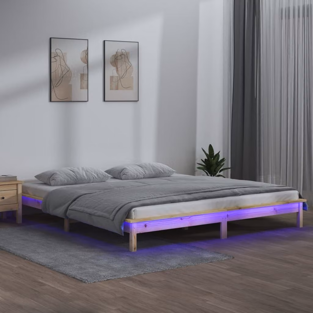 The Living Store Letto in legno massiccio con LED 120x190 cm