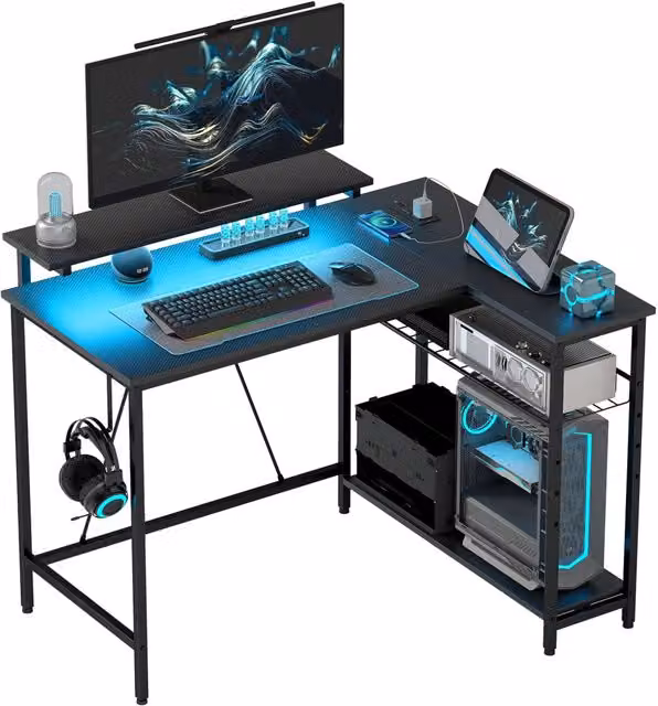 Scrivania angolare reversibile Zephmum con LED, 2 prese e 2 USB, colore nero, L 107 cm x P 80 cm x H 90 cm