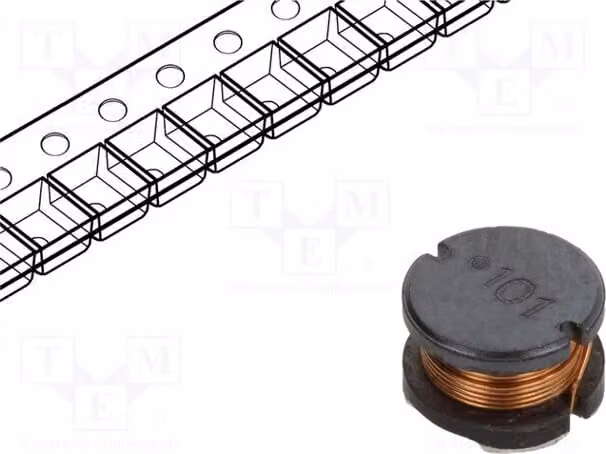 2 induttori: filo, 100uH, diametro: 8mm, tolleranza: ±10%, corrente: 720mA, altezza: 5mm, montaggio superficiale (SMD), quantità: 12. Resistenza: 450mΩ, modello: SDR0805-101KL SM