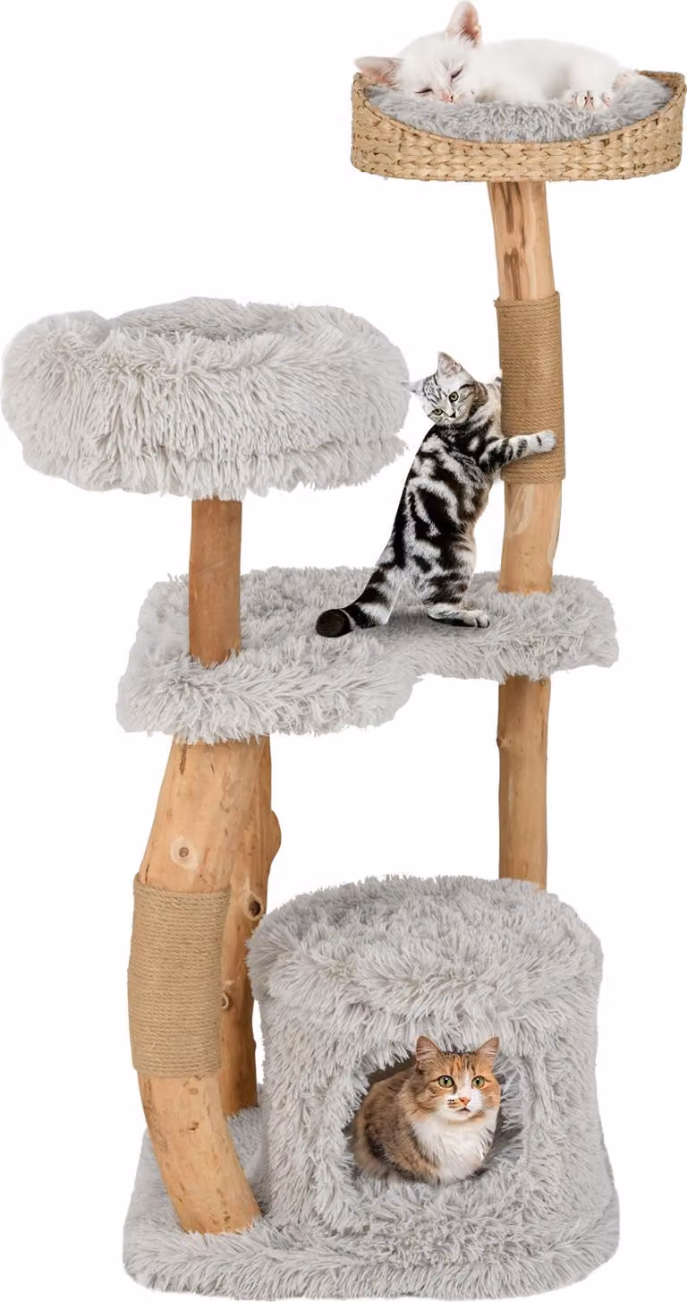 Tiragraffi in legno COSTWAY 124 cm, albero per gatti con tiragraffi, grotta per gatti, sedile in peluche e piattaforma per sedersi, mobili per gatti, tiragraffi per gatti, grigio