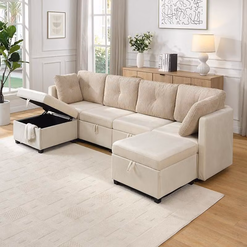 Divano a U modulare Merax con vano portaoggetti, divano ad angolo a 6 posti trasformabile in forma a L e letto, divano da salotto in velluto e corda con struttura in legno massello, beige
