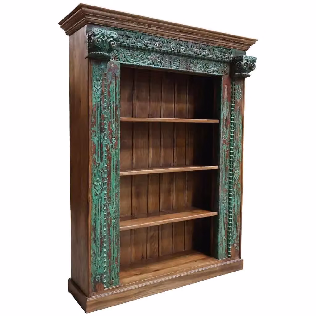 Libreria in legno WANDERLUST DECO verde con decorazioni floreali L: 166 cm, P: 53 cm, H: 213 cm – 2