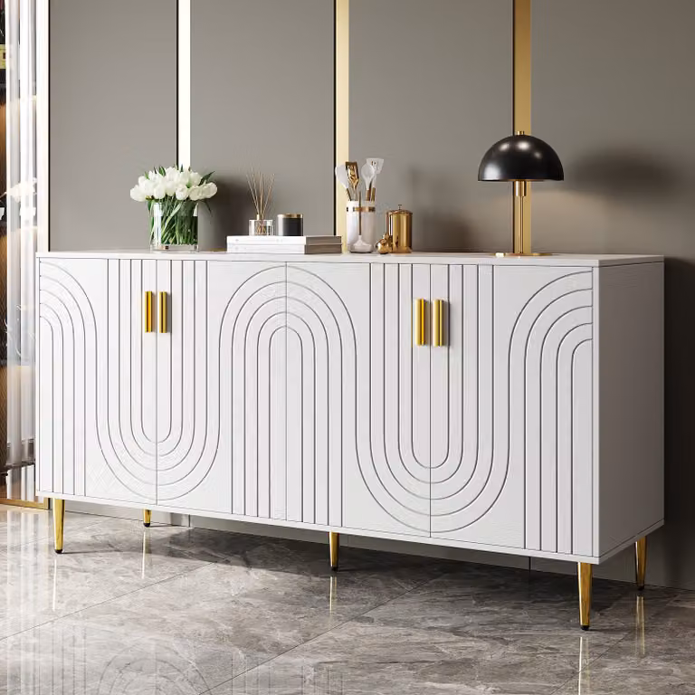 STILVORA Credenza con design a onda unico e maniglie e piedi dorati, mobile laterale con 4 ripiani, grande capacità, MDF, bianco