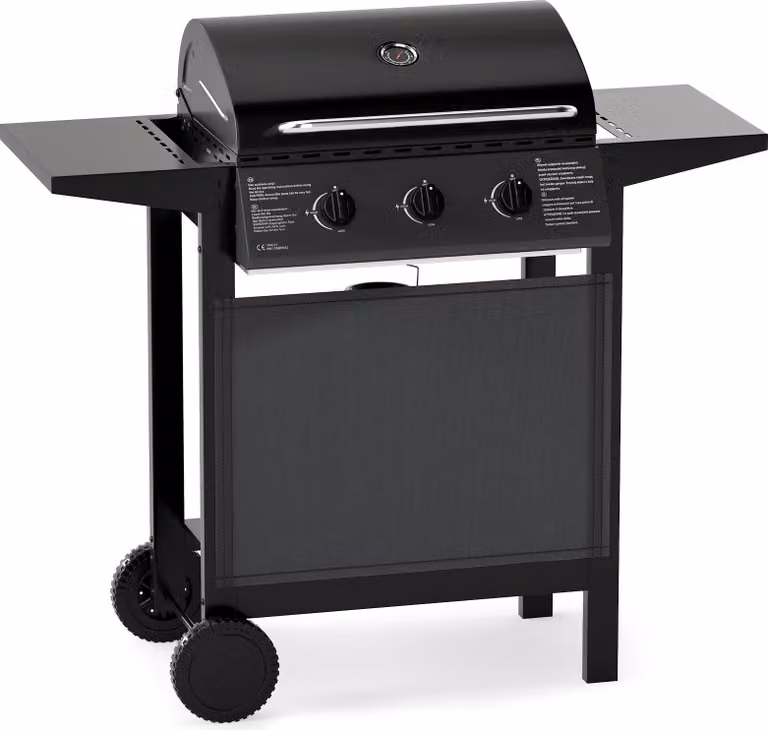 Barbecue a gas COSTWAY con 3 bruciatori, carrello per barbecue da 7 KW con tavolini, griglia, termometro, coperchio e ruote, barbecue da giardino per giardino