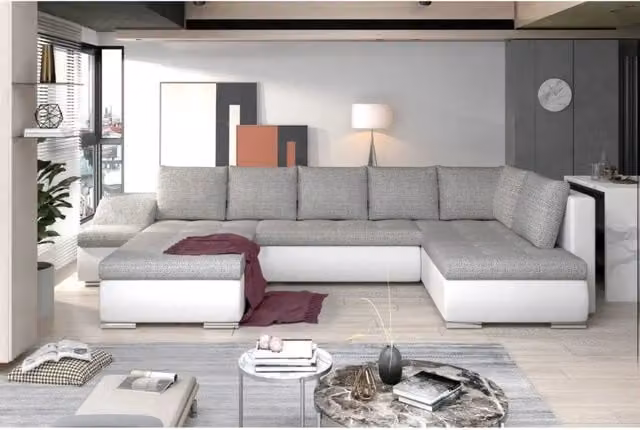 Divano panoramico a U MEUBLORAMA grigio e bianco con angolo a sinistra, trasformabile con funzione letto e contenitore, con struttura e piedi in metallo