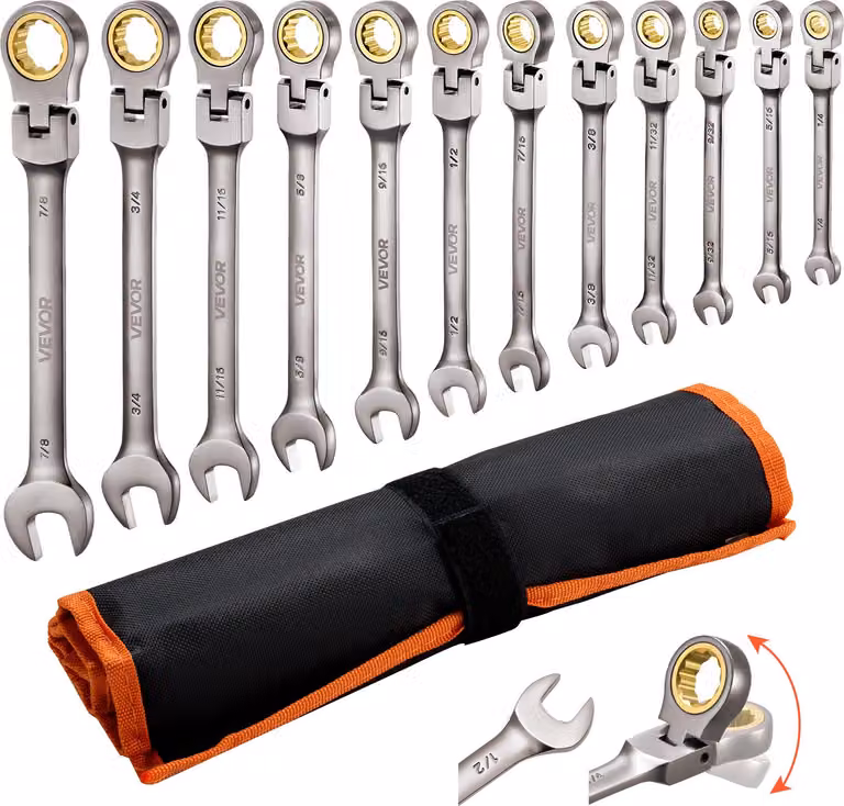Set di chiavi a cricchetto con testa flessibile VEVOR, 12 pezzi, SAE 72 denti; set di chiavi ad anello a cricchetto in acciaio Cr-V con custodia; chiavi a forchetta per riparazioni domestiche e su autoveicoli, grigio-nichel