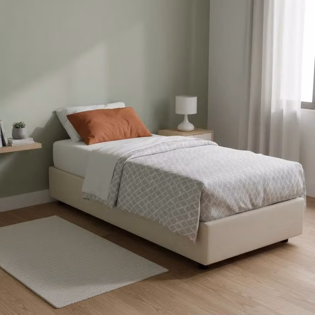 Letto singolo contenitore Addison di Talamo Italia con materasso incluso, rivestimento in tessuto beige, apertura frontale, dimensioni materasso: 90 x 190 cm
